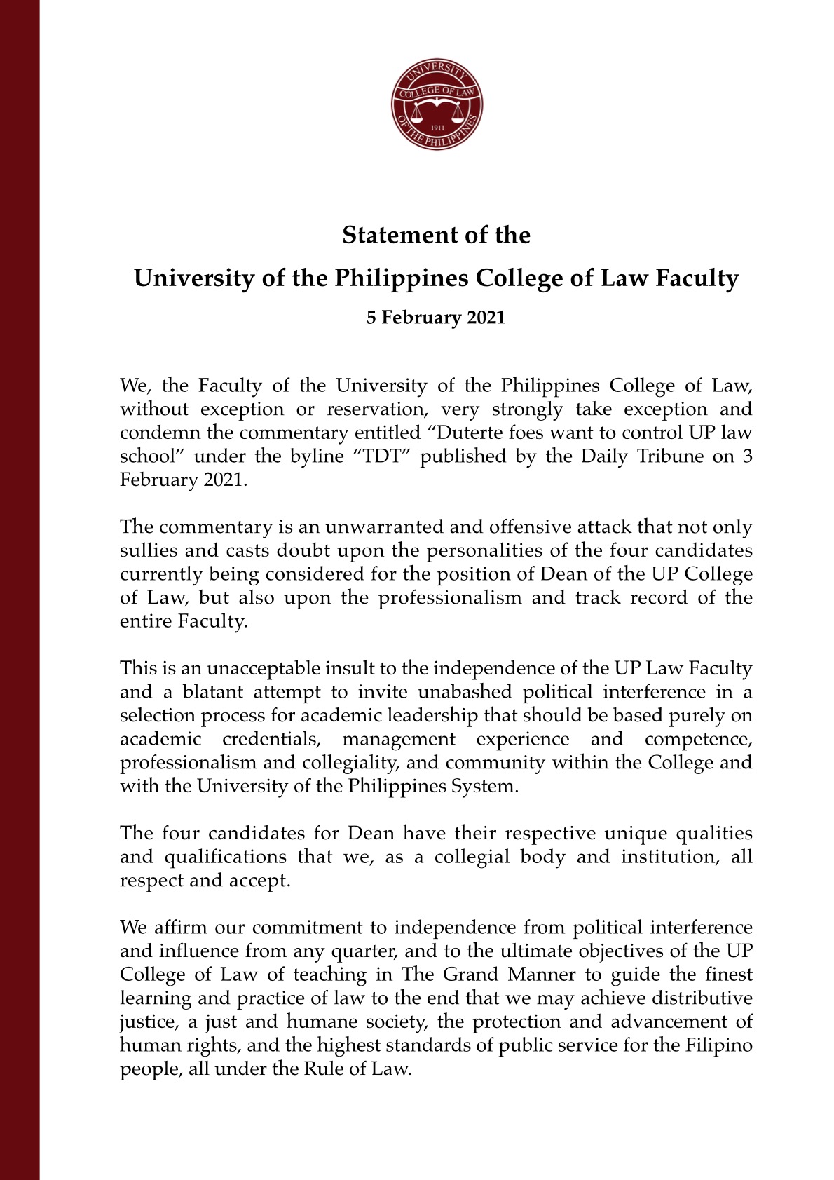 Statement of the University of the Philippines College of Law Faculty on Daily Tribune Commentary 5 February 2020