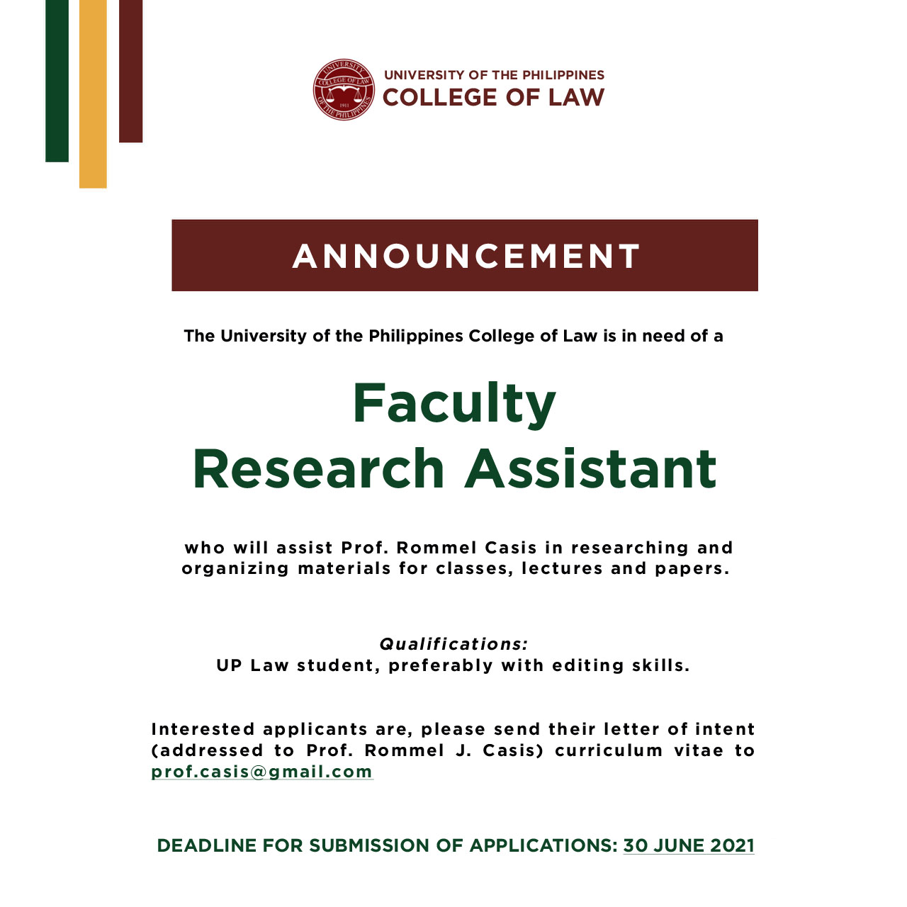 Announcement Looking for Faculty Research Assistants.