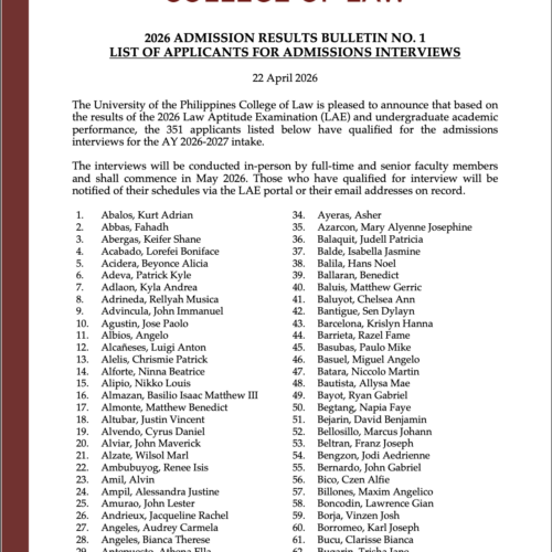 2026 ADMISSION RESULTS BULLETIN NO. 1 – LIST OF APPLICANTS FOR ADMISSIONS INTERVIEWS