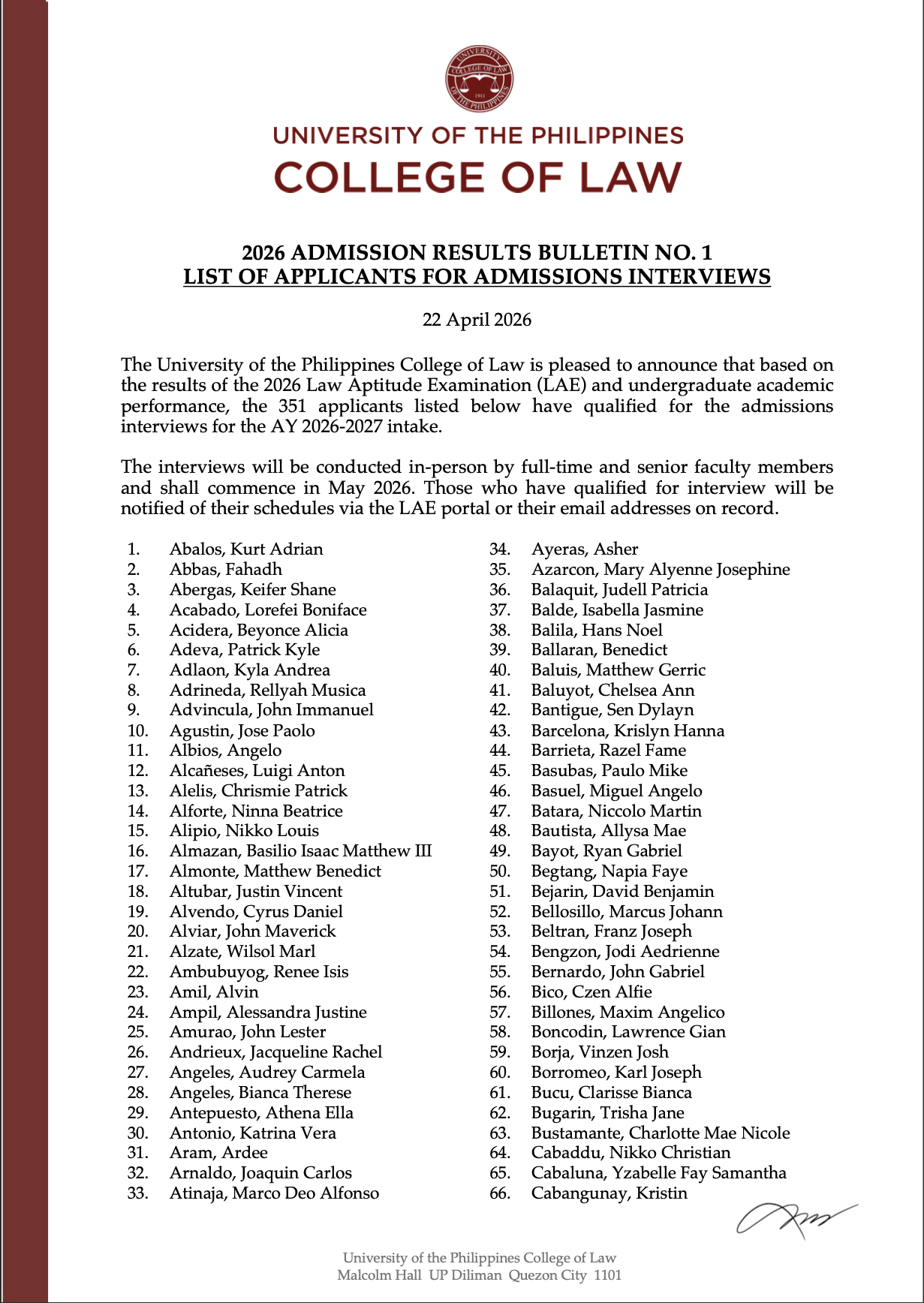 2026 ADMISSION RESULTS BULLETIN NO. 1 – LIST OF APPLICANTS FOR ADMISSIONS INTERVIEWS