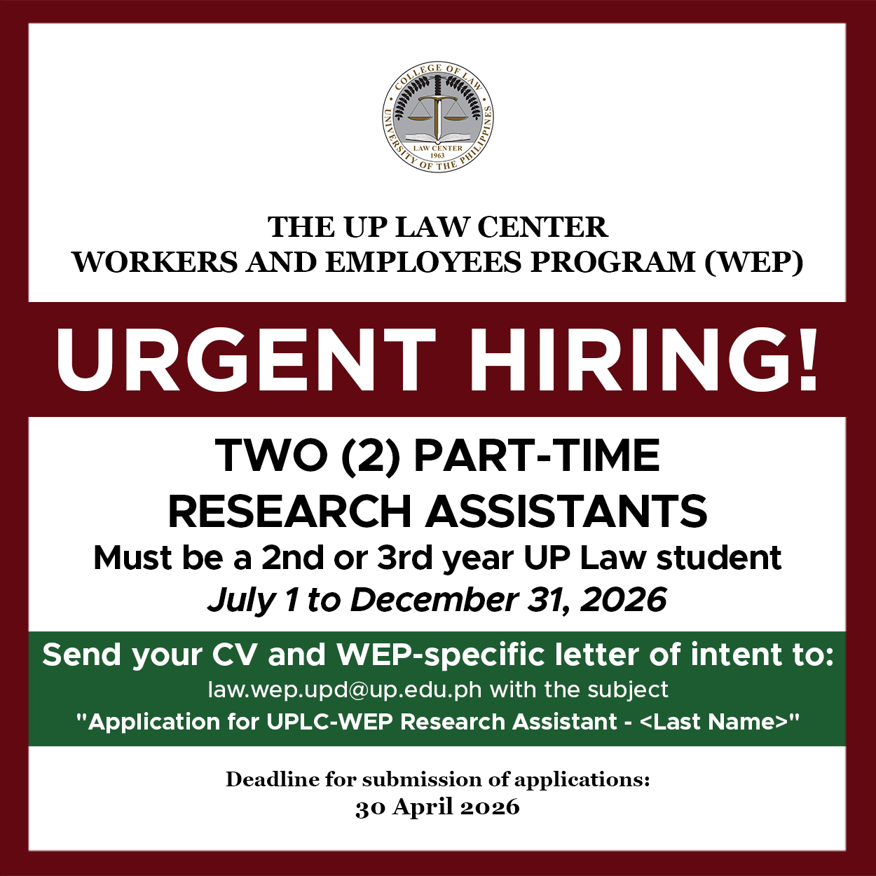 Vacancy announcement – Research Assistants for WEP