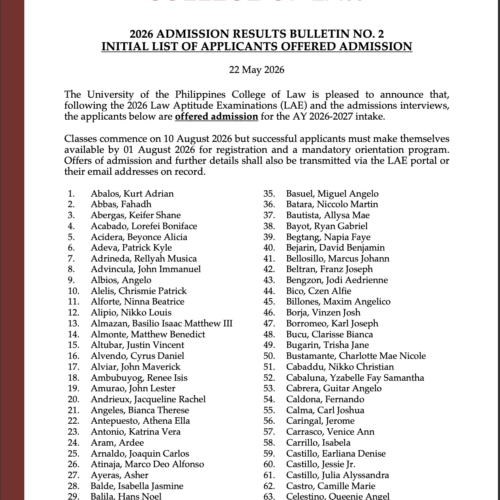 2026 Admission Results Bulletin No. 2 – INITIAL LIST OF APPLICANTS OFFERED ADMISSION