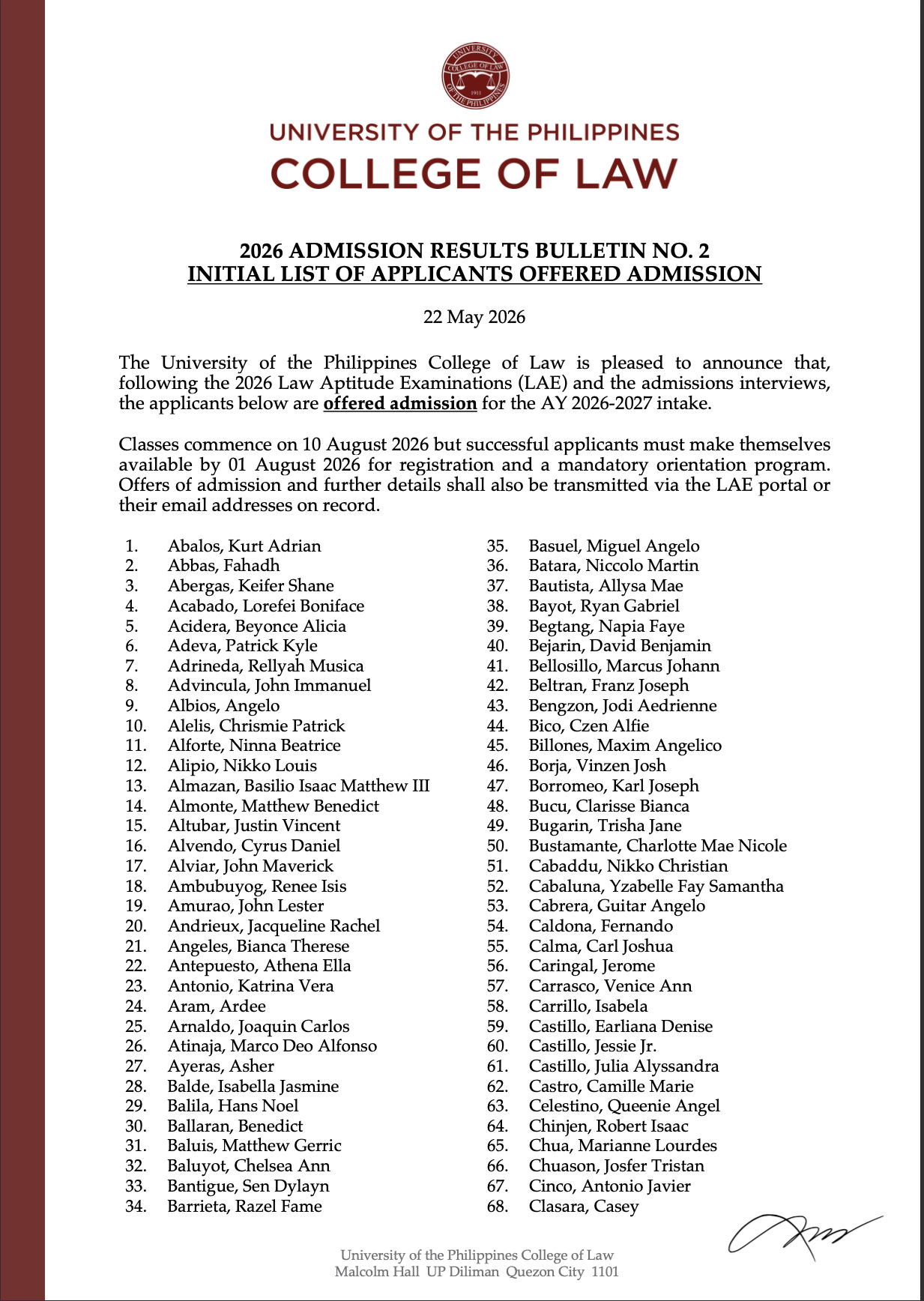 2026 Admission Results Bulletin No. 2 – INITIAL LIST OF APPLICANTS OFFERED ADMISSION
