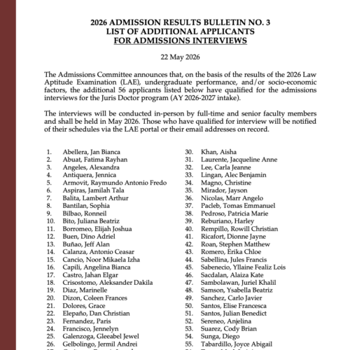 2026 Admission Results Bulletin No. 3 — LIST OF ADDITIONAL APPLICANTS FOR ADMISSIONS INTERVIEWS