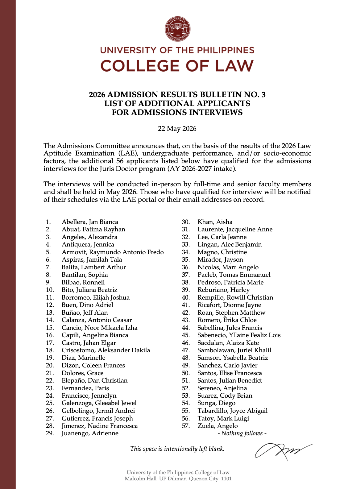 2026 Admission Results Bulletin No. 3 — LIST OF ADDITIONAL APPLICANTS FOR ADMISSIONS INTERVIEWS
