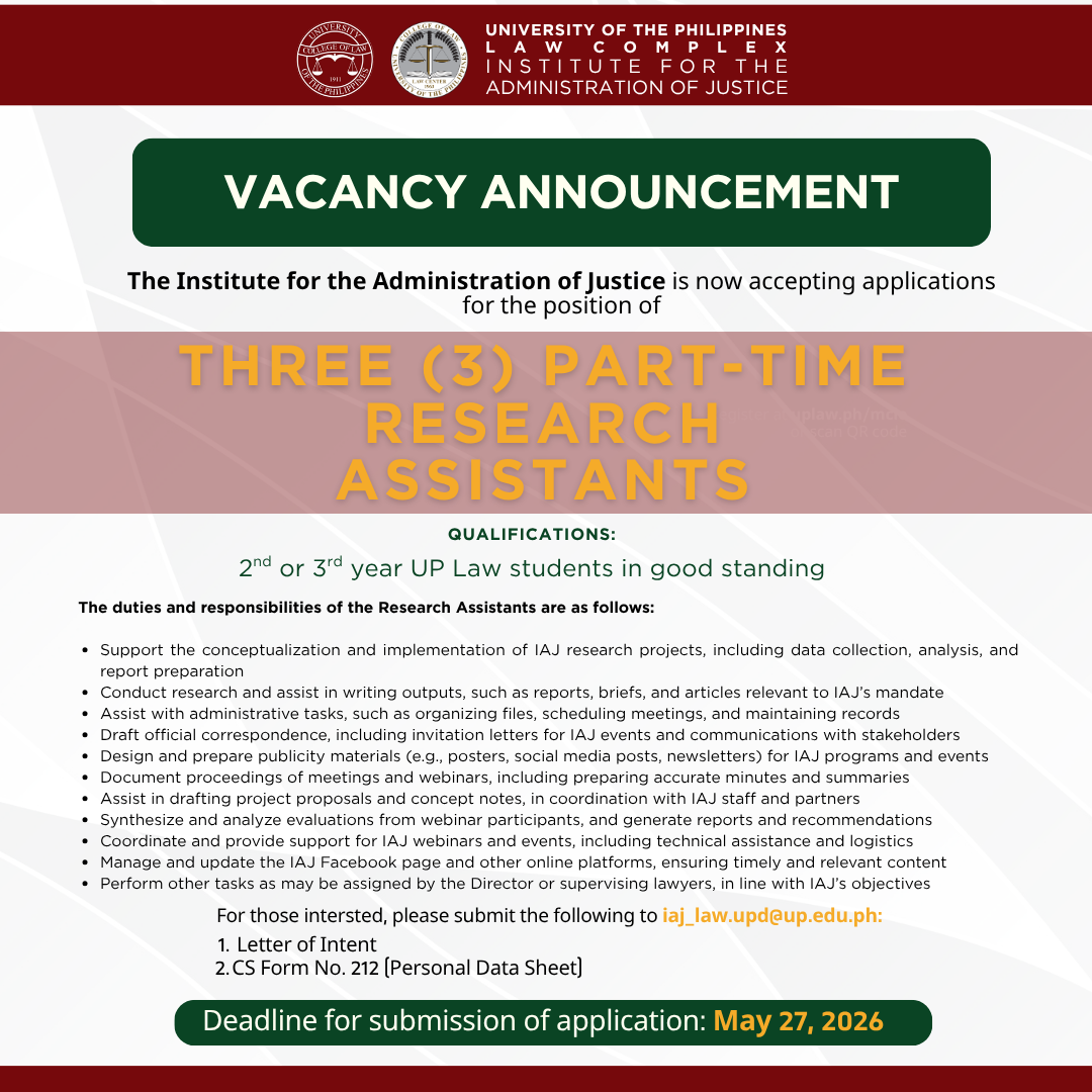 Vacancy Announcement – Three (3) Part-time Research Assistants in UP IAJ