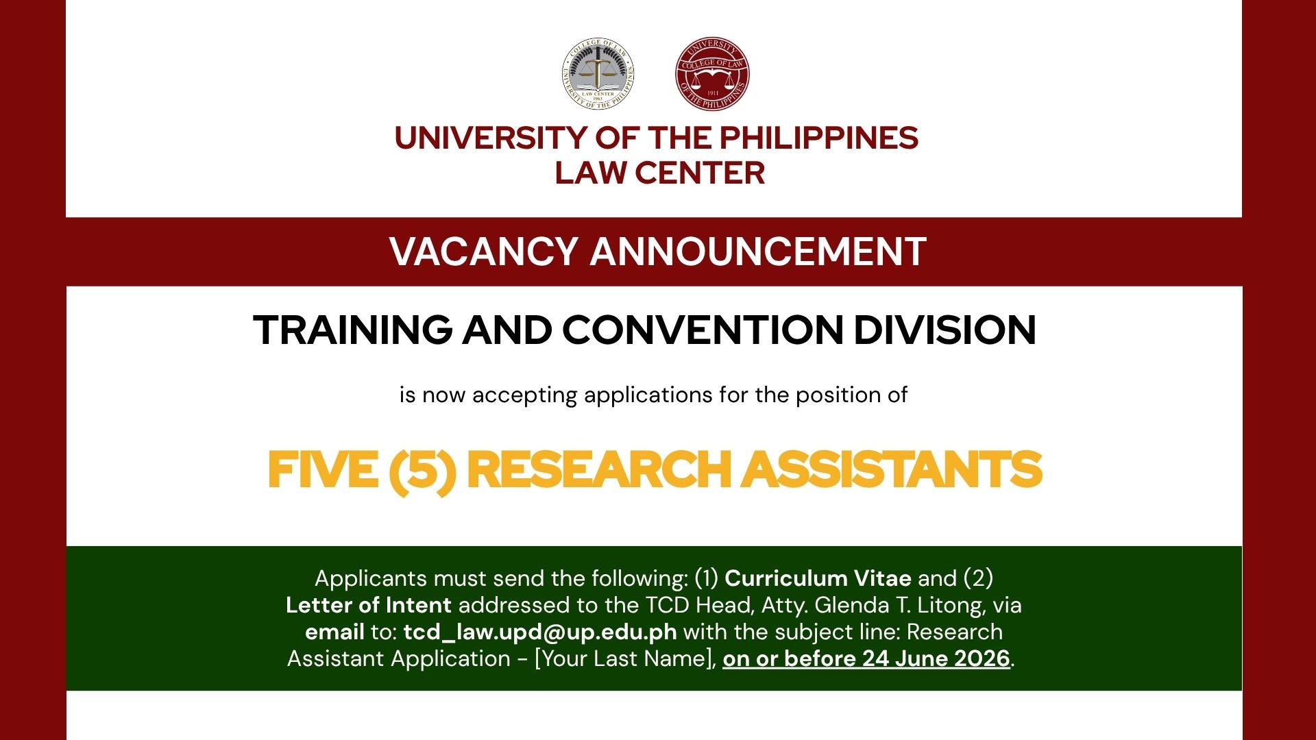 Vacancy Announcement – Research Assistants for the Training and Convention Division